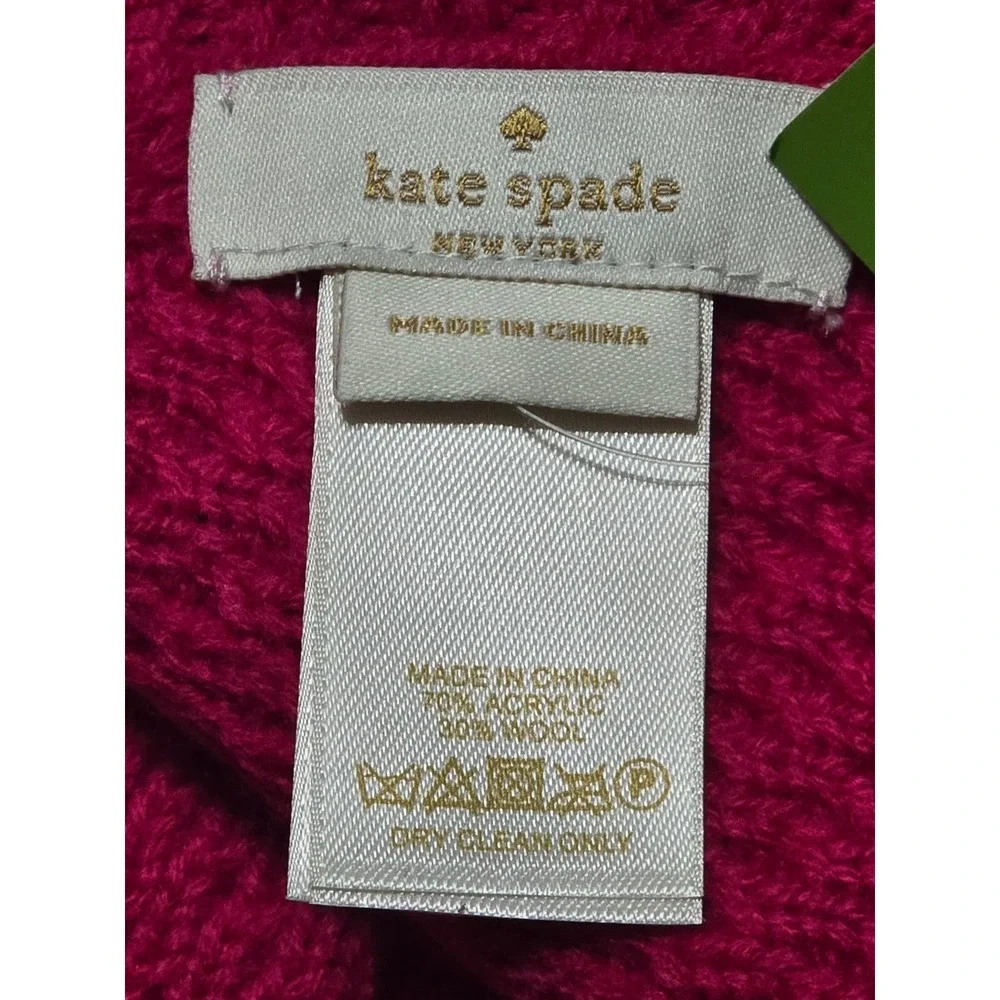 NWT KATE‎ SPADE New York Wool Blend Pink Ribbed Knit Beanie Hat & Scarf Set Bows